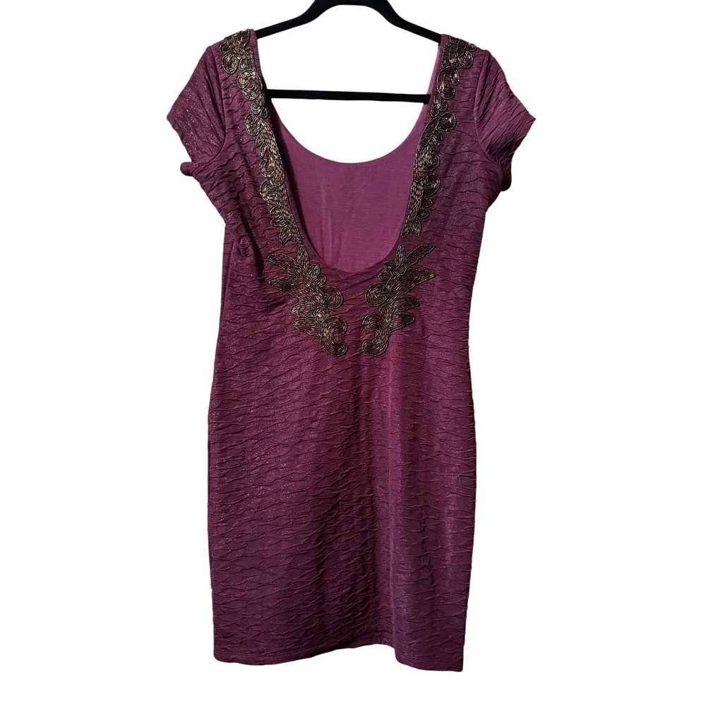 Free People Bodycon Dress S Purple Beaded Open Back Textured‎ Whimsigoth